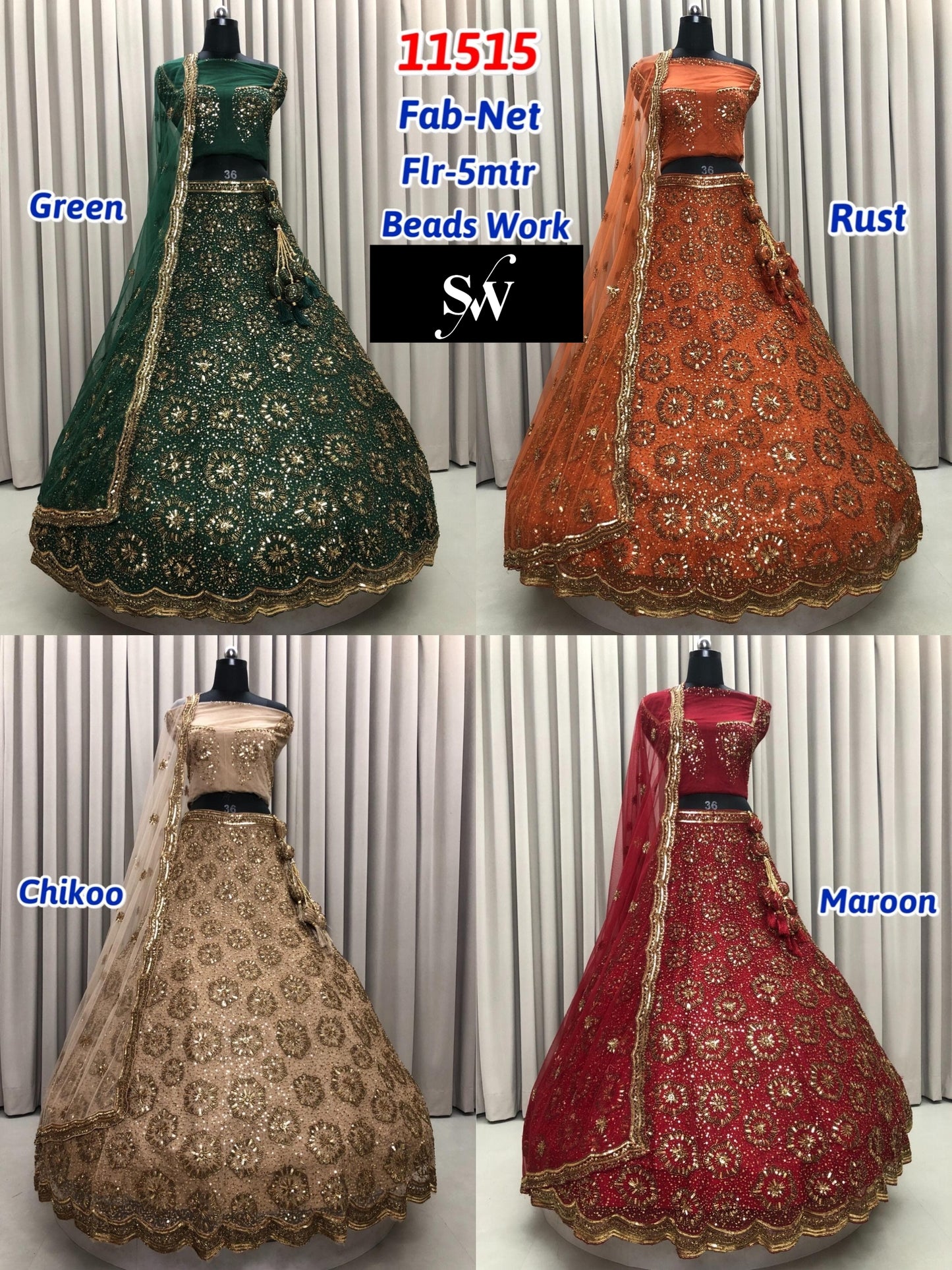 Rust orange Green Maroon Golden Net Lehenga