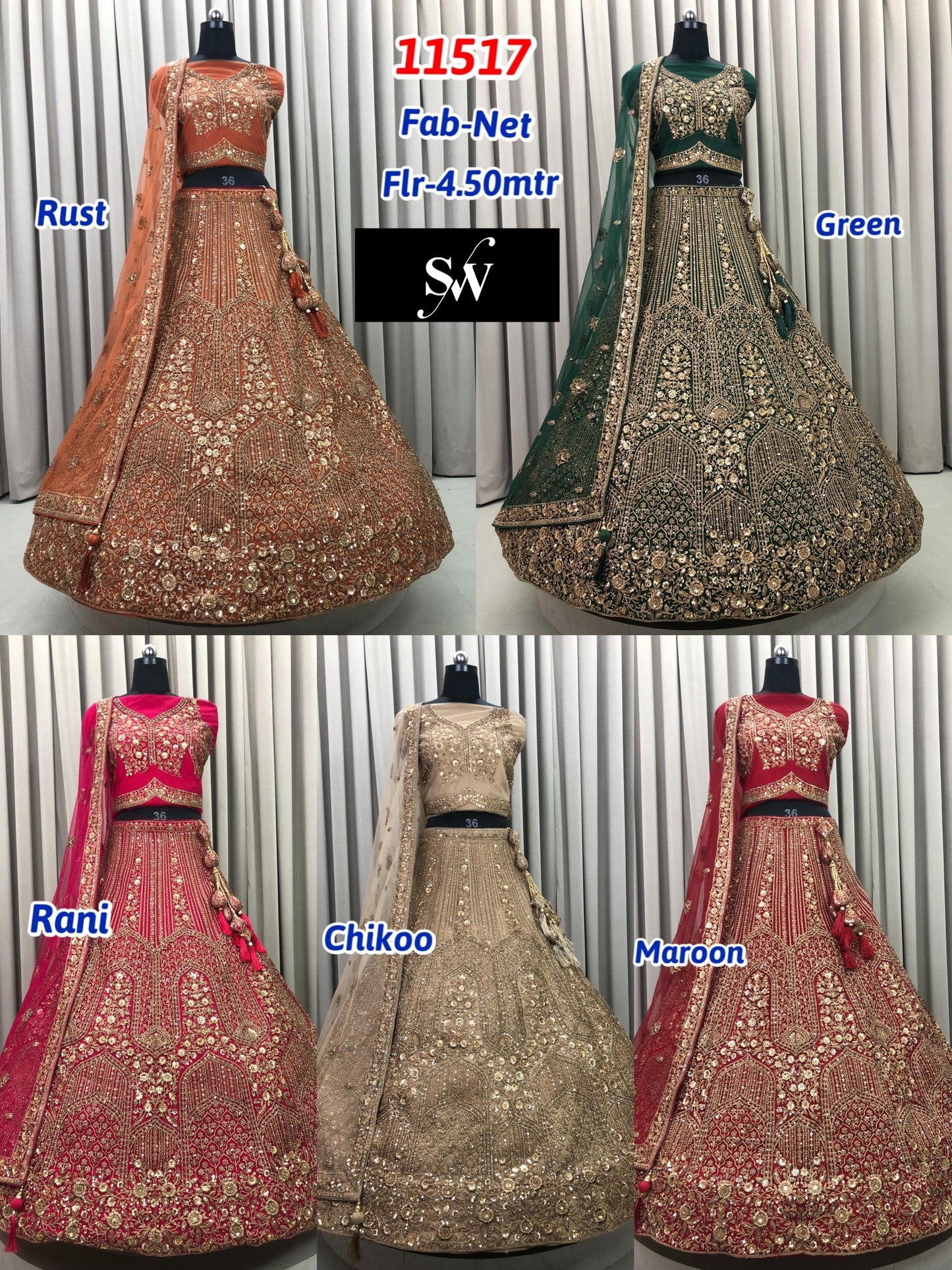 Rust orange Green Rani Pink Golden Maroon Net Lehenga