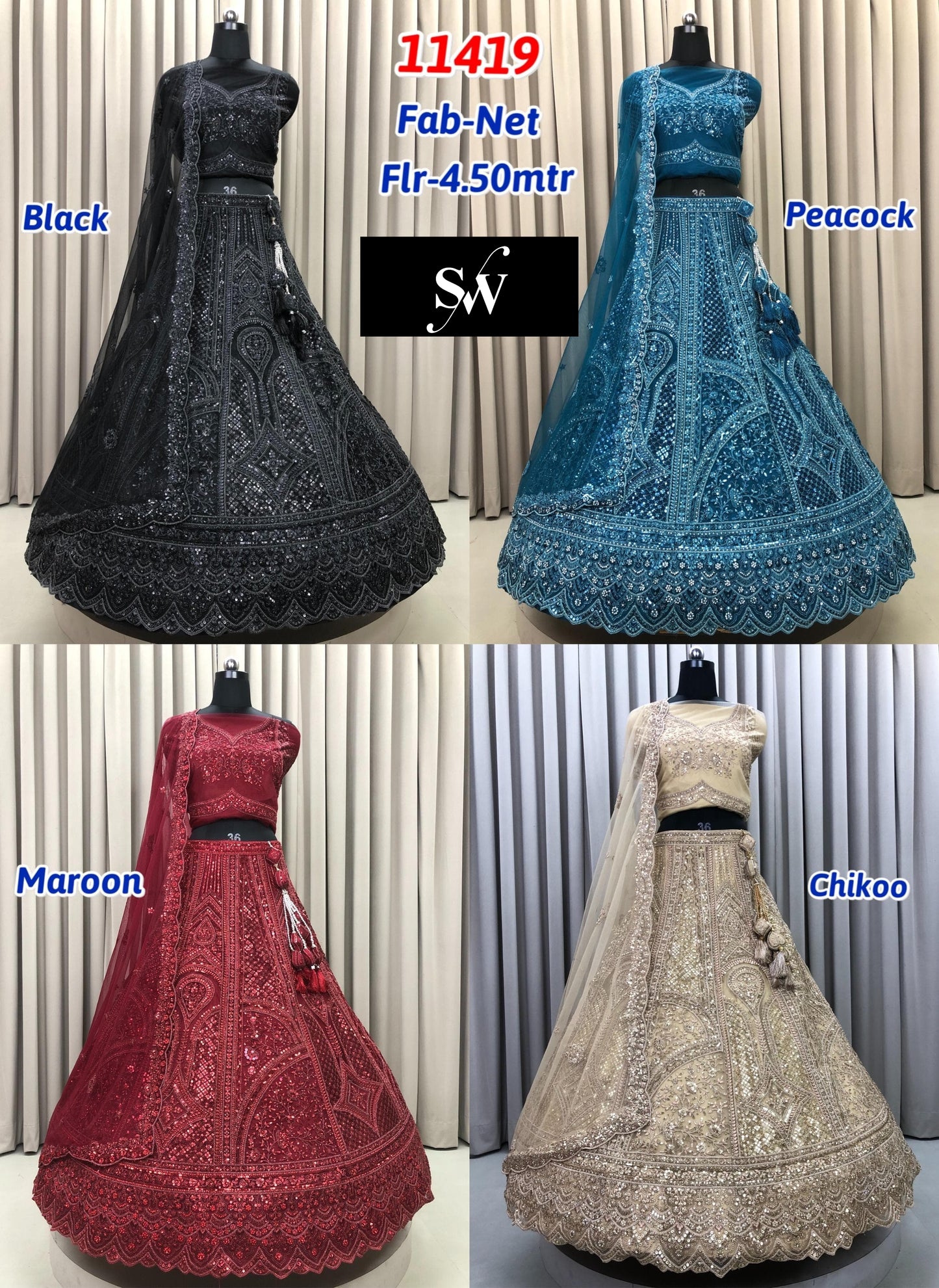 Black Blue Maroon Golden Net Lehenga