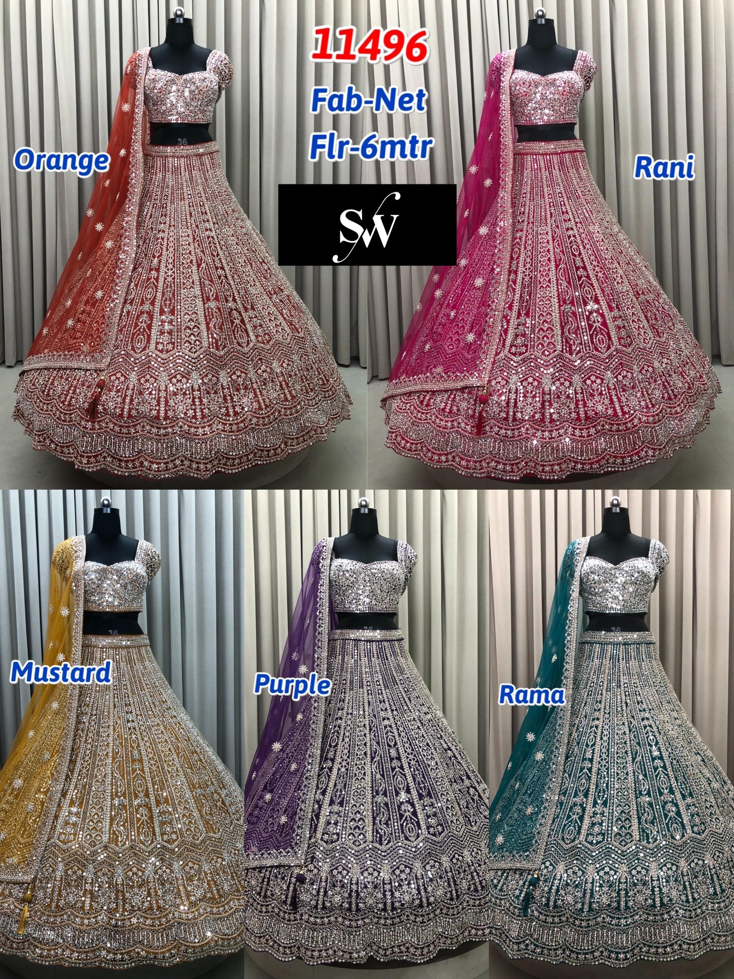 Blue Maroon Green Purple Golden Net Lehenga