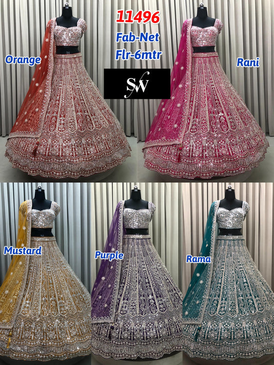Blue Maroon Green Purple Golden Net Lehenga