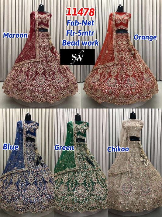 Blue Maroon Green Chiku Golden Orange Net Lehenga