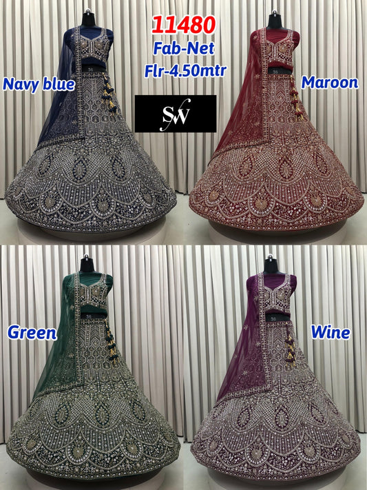 Navy Blue Maroon Green Wine Net Lehenga
