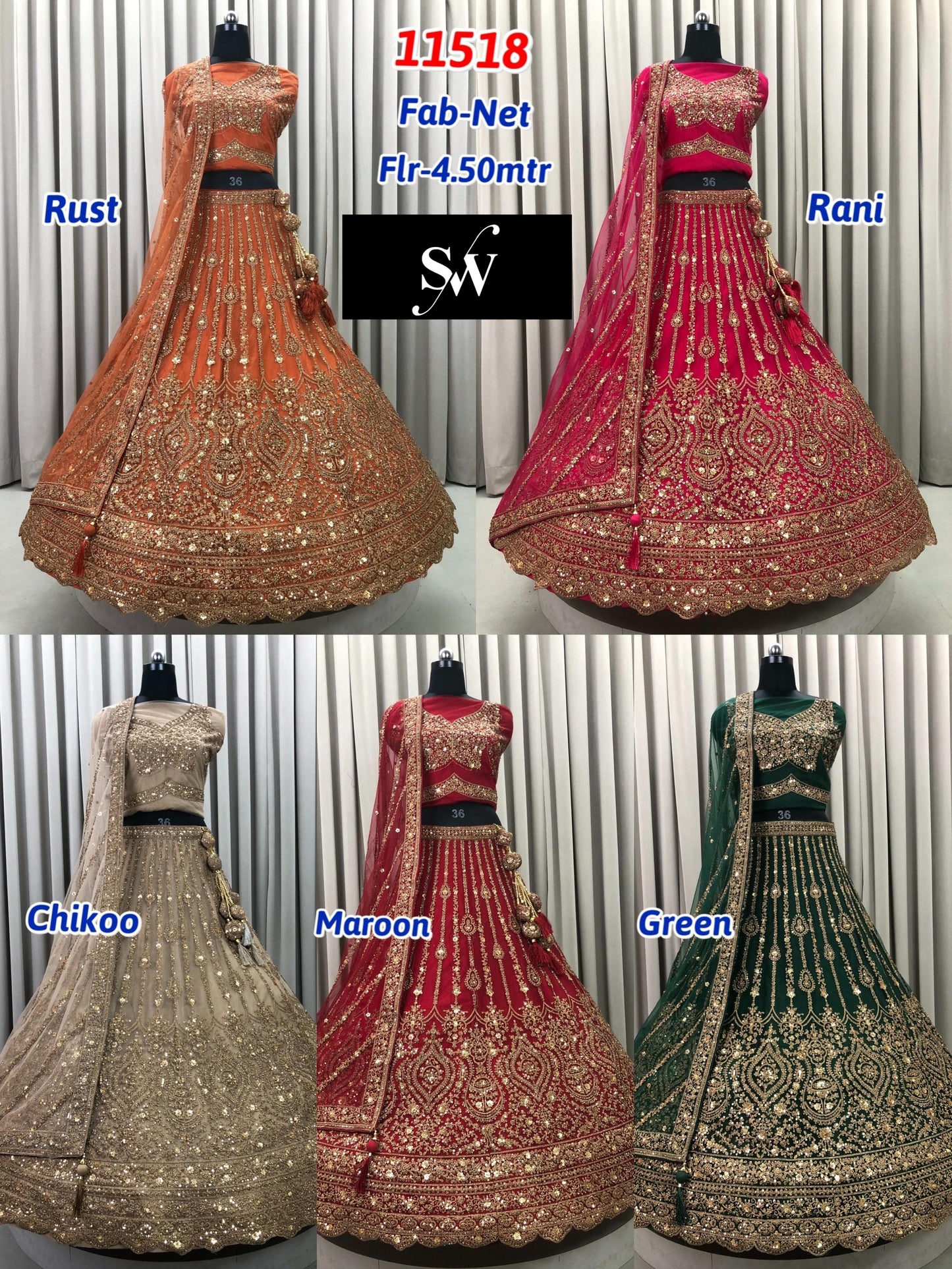 Rust Orange Rani Pink Chiku golden Maroon Green Net Lehenga