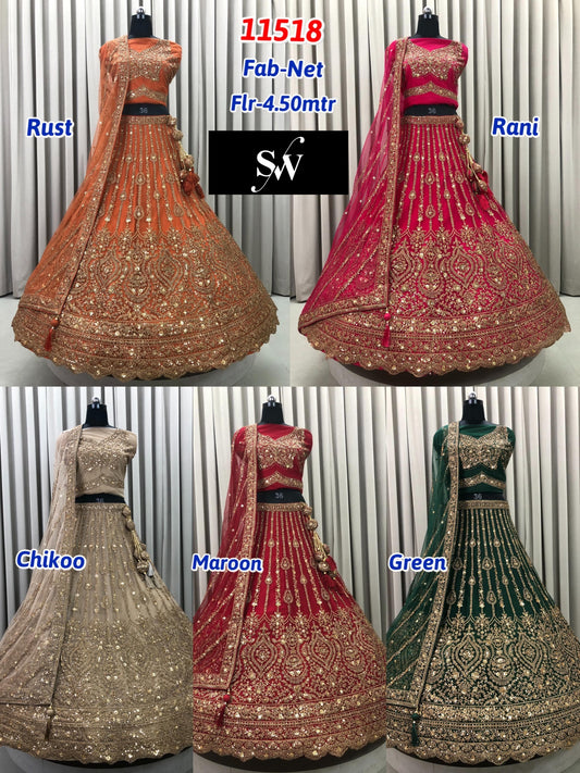 Rust Orange Rani Pink Chiku golden Maroon Green Net Lehenga