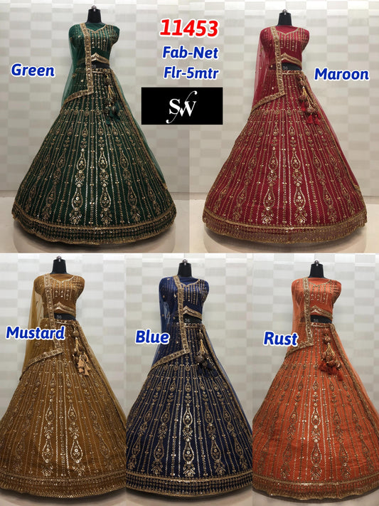 Green Maroon Mustard Blue Rust Orange Net Lehenga