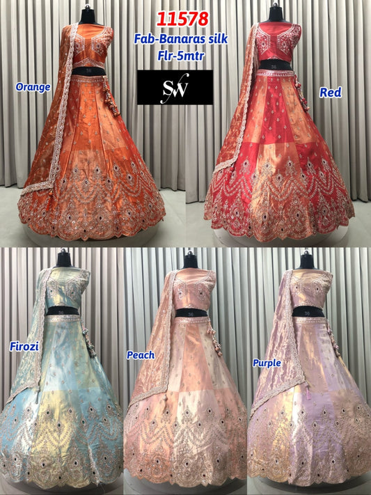 Orange Red Firozi Blue Peach Purple Banarasi Silk Lehenga