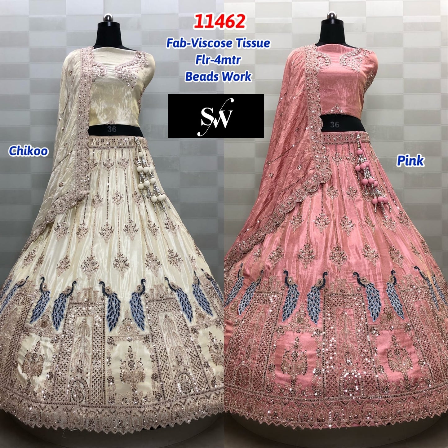 Chiku Golden Pink Peacock Viscose Tissue Lehenga