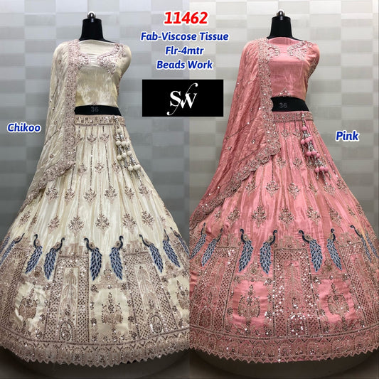 Chiku Golden Pink Peacock Viscose Tissue Lehenga