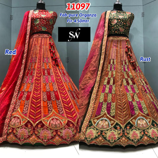 Red Rust Orange Pure Organza Lehenga
