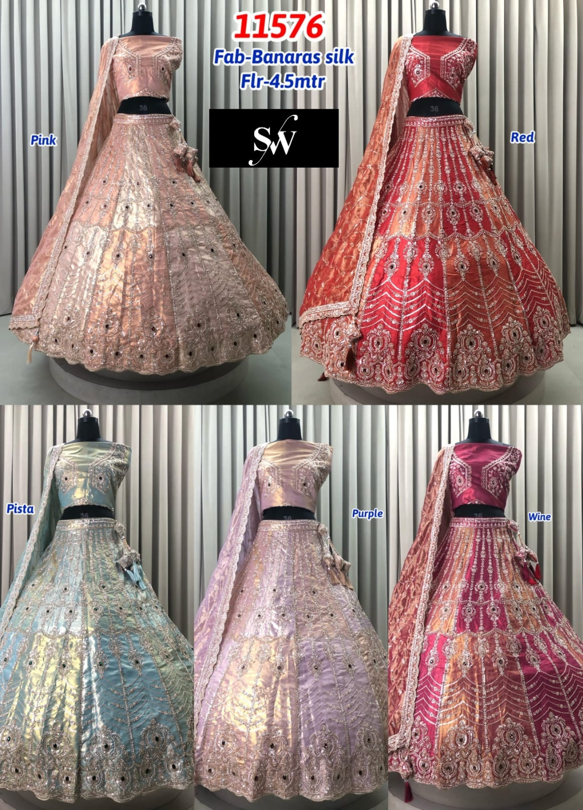 Pink Red Pista Green Purple Wine Banarasi Silk Lehenga