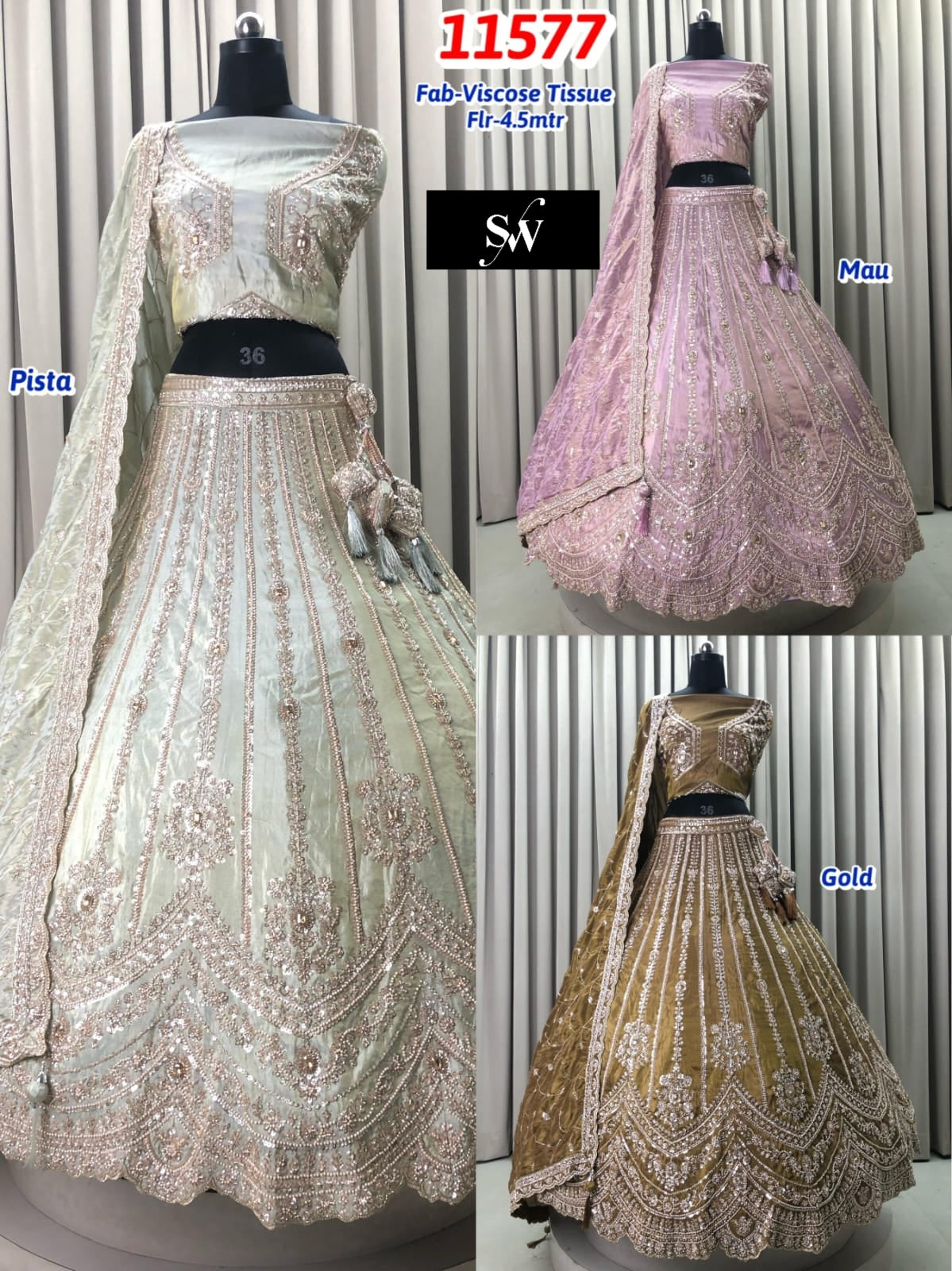 Pista Green Pink Golden Viscose Tissue Lehenga