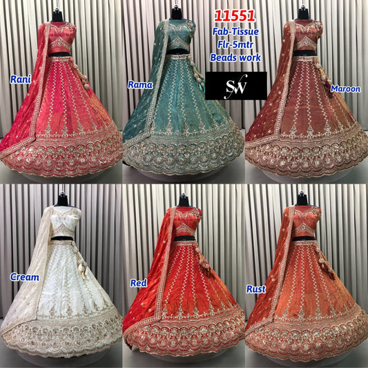 Rama Green Rani Pink Maroon Cream White Red Rust Orange Tissue Lehenga