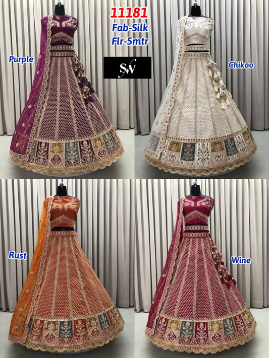 Purple Chiku Golden Rust Orange Wine Silk Lehenga