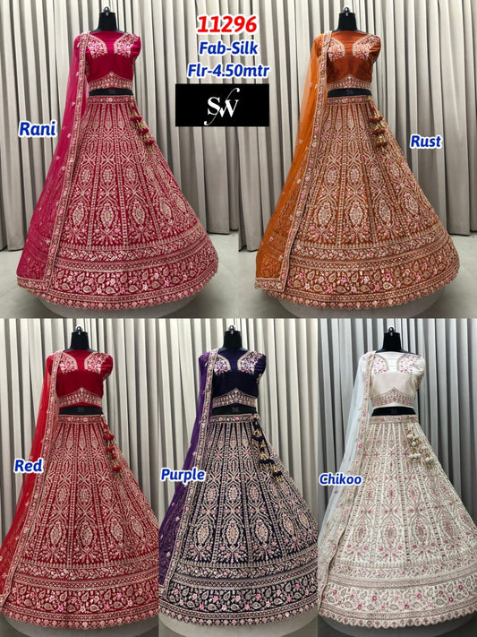 Rani Pink Rust Orange Red Purple Chiku Golden Silk Lehenga