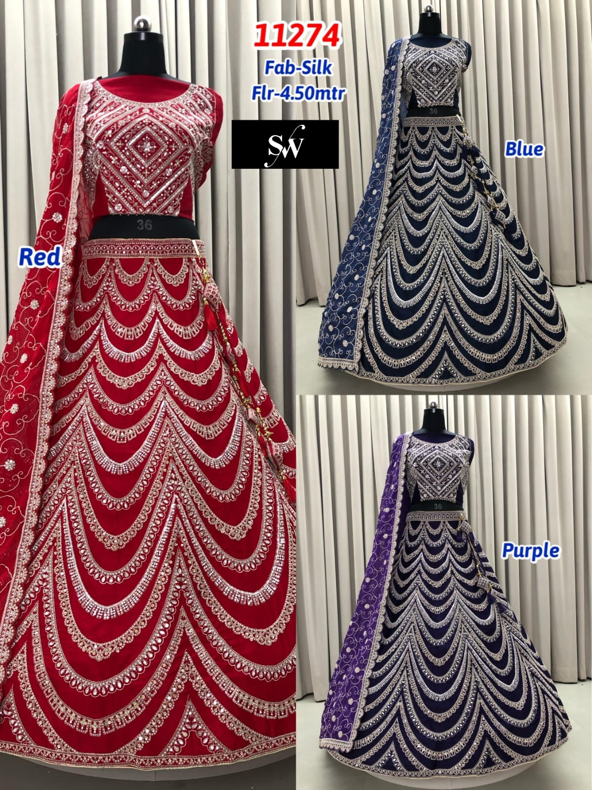 Red Blue Purple Silk Lehenga
