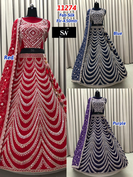 Red Blue Purple Silk Lehenga