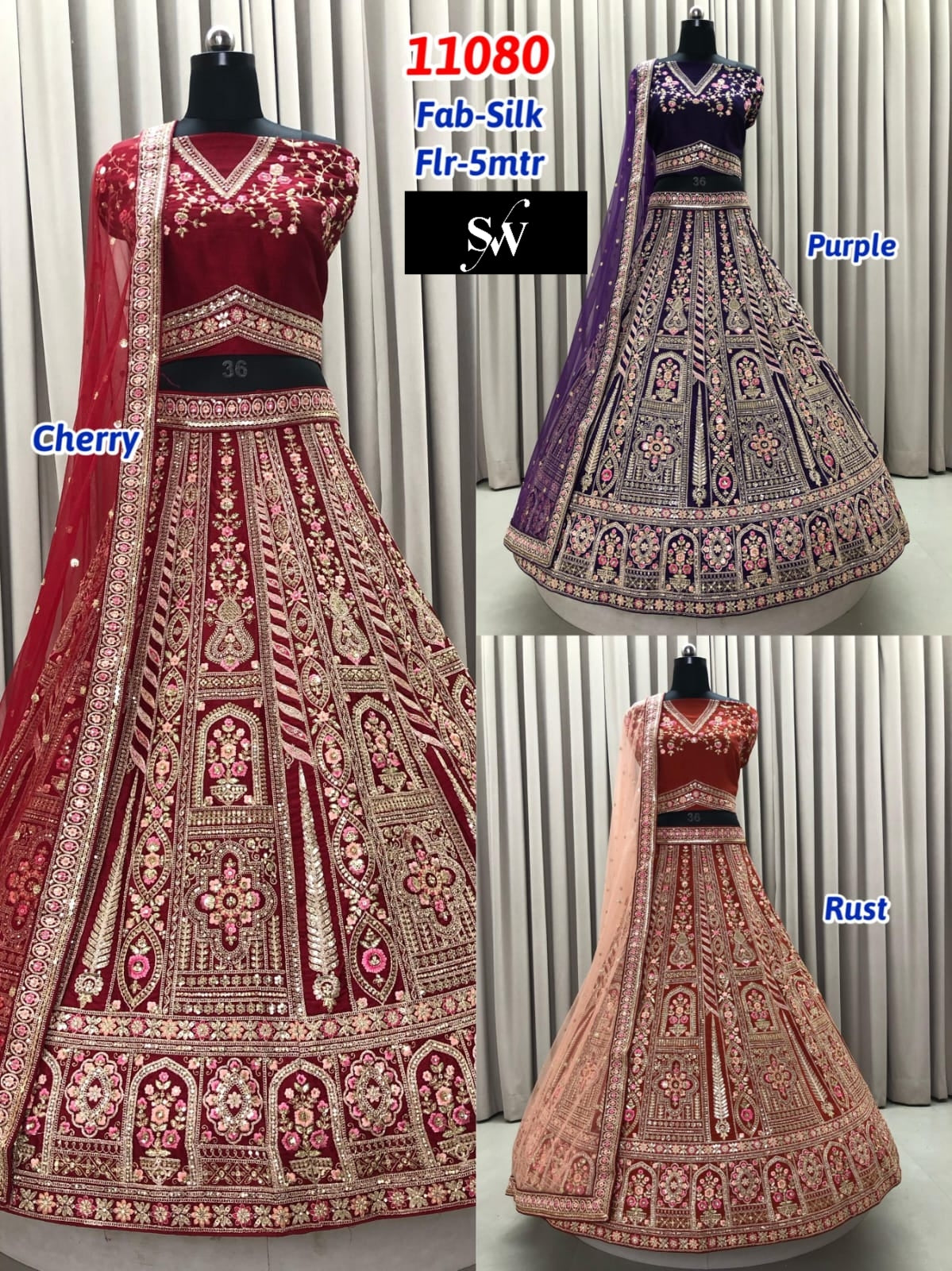 Cherry Pink Purple Rust Orange Silk Lehenga