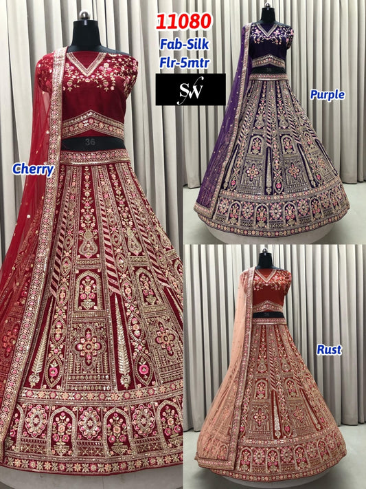 Cherry Pink Purple Rust Orange Silk Lehenga