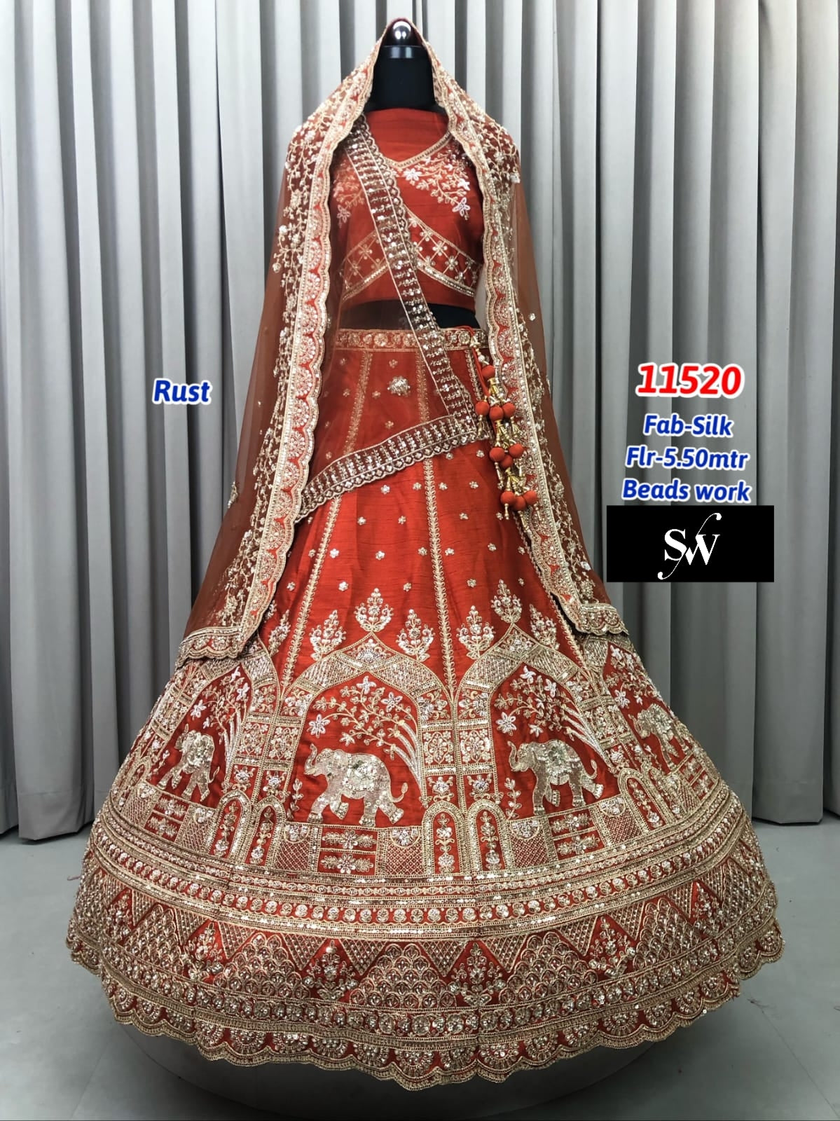 Rust Orange Silk Bridal Lehenga