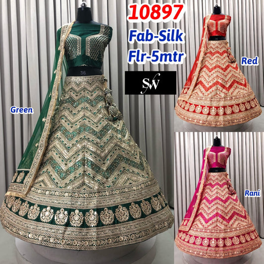 Red Rani Pink Green Silk Lehenga
