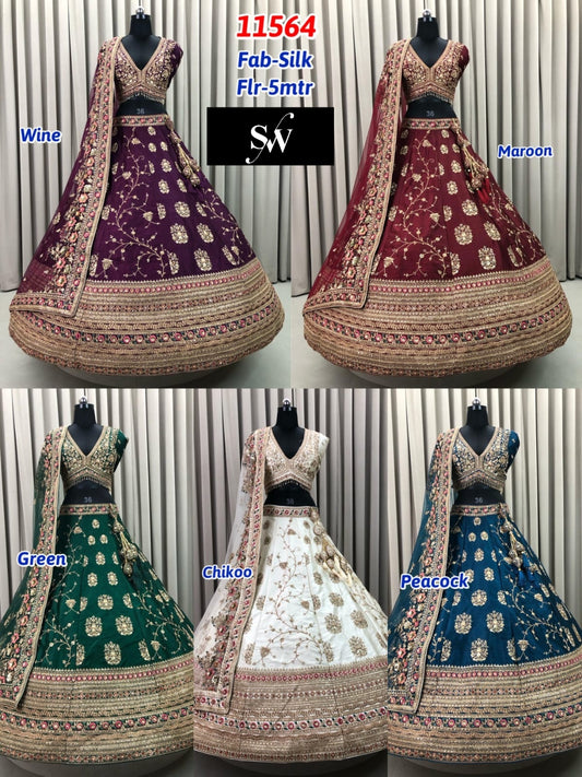 Wine Maroon Green Chiku Golden Peacock Silk Lehenga