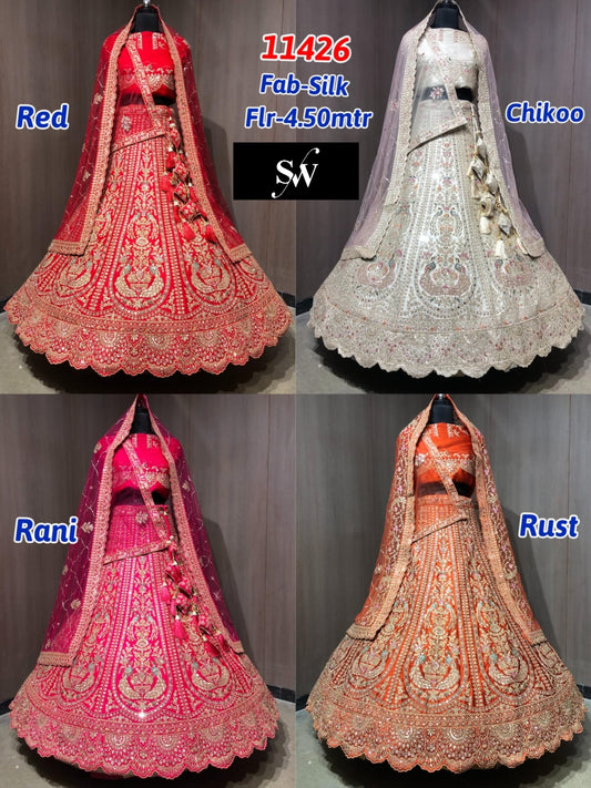 Red Chiku Golden Rani Pink Rust Orange Silk Lehenga