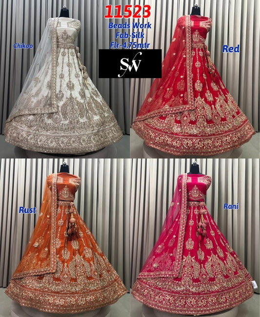 Chiku golden Red Rust Orange Rani Pink peacock Silk Lehenga
