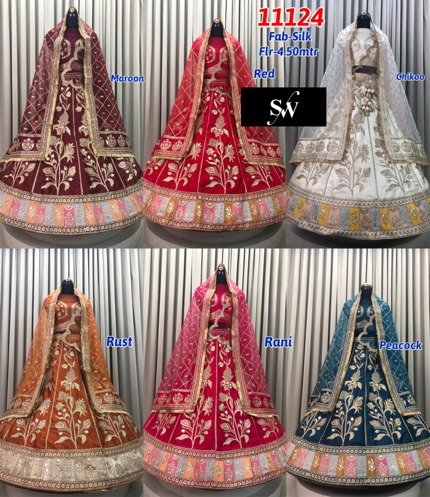 Maroon Red Chiku golden Rust orange Rani Pink Blue Silk Lehenga