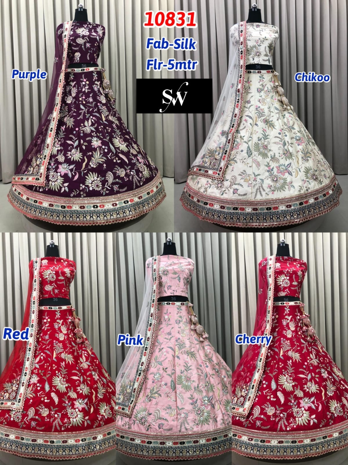 Purple Golden Red Pink Cherry Red Silk Lehenga