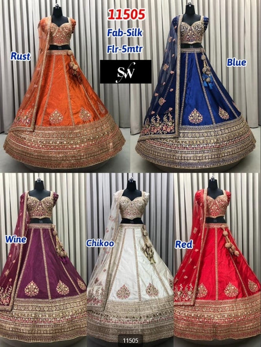 Blue Rust Orange Wine Chiku Golden Red Silk Lehenga