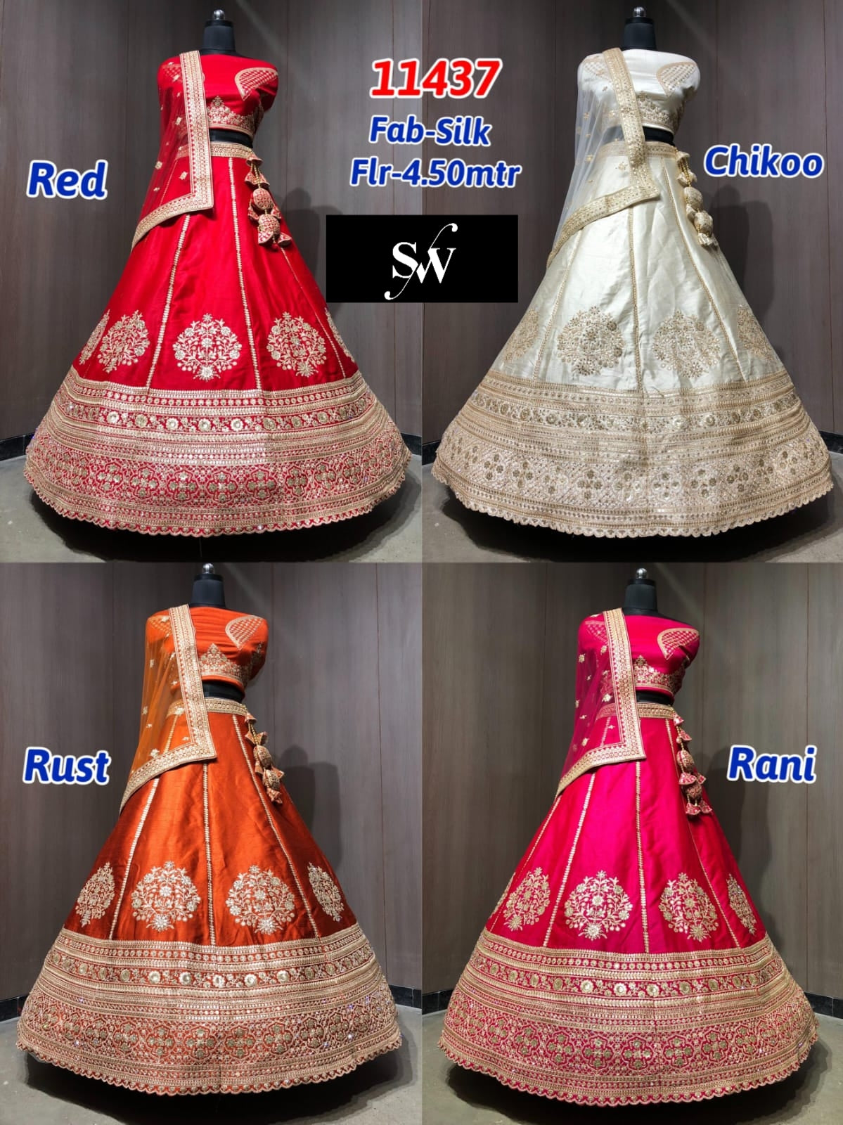 Red Chiku Golden Rust Orange Rani Pink Silk Lehenga