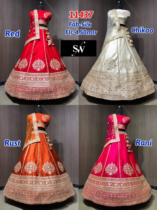 Red Chiku Golden Rust Orange Rani Pink Silk Lehenga