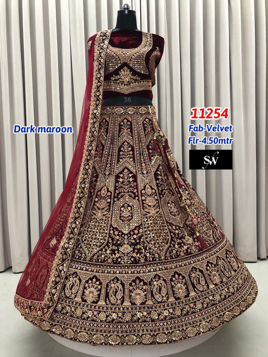 Dark Maroon Velvet Bridal Lehenga