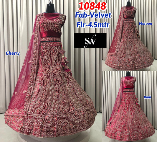 Cherry Pink Maroon Rani Pink Velvet Bridal Lehenga