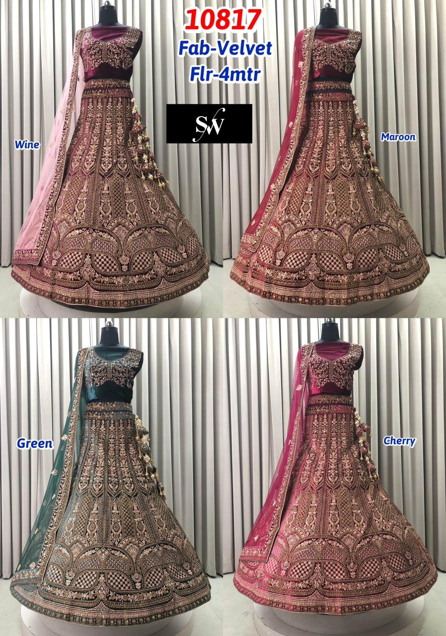 Wine Maroon Green Cherry Pink Velvet Bridal Lehenga