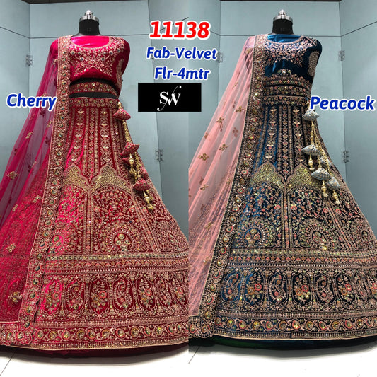 Blue Peacock Cherry Pink Velvet Bridal Lehenga