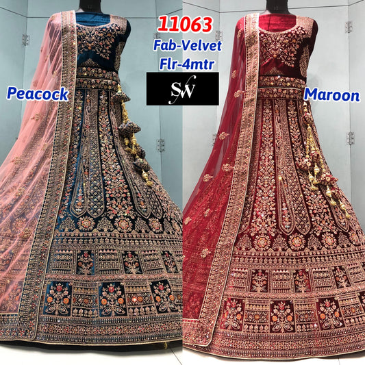 Maroon Blue Velvet Bridal Lehenga