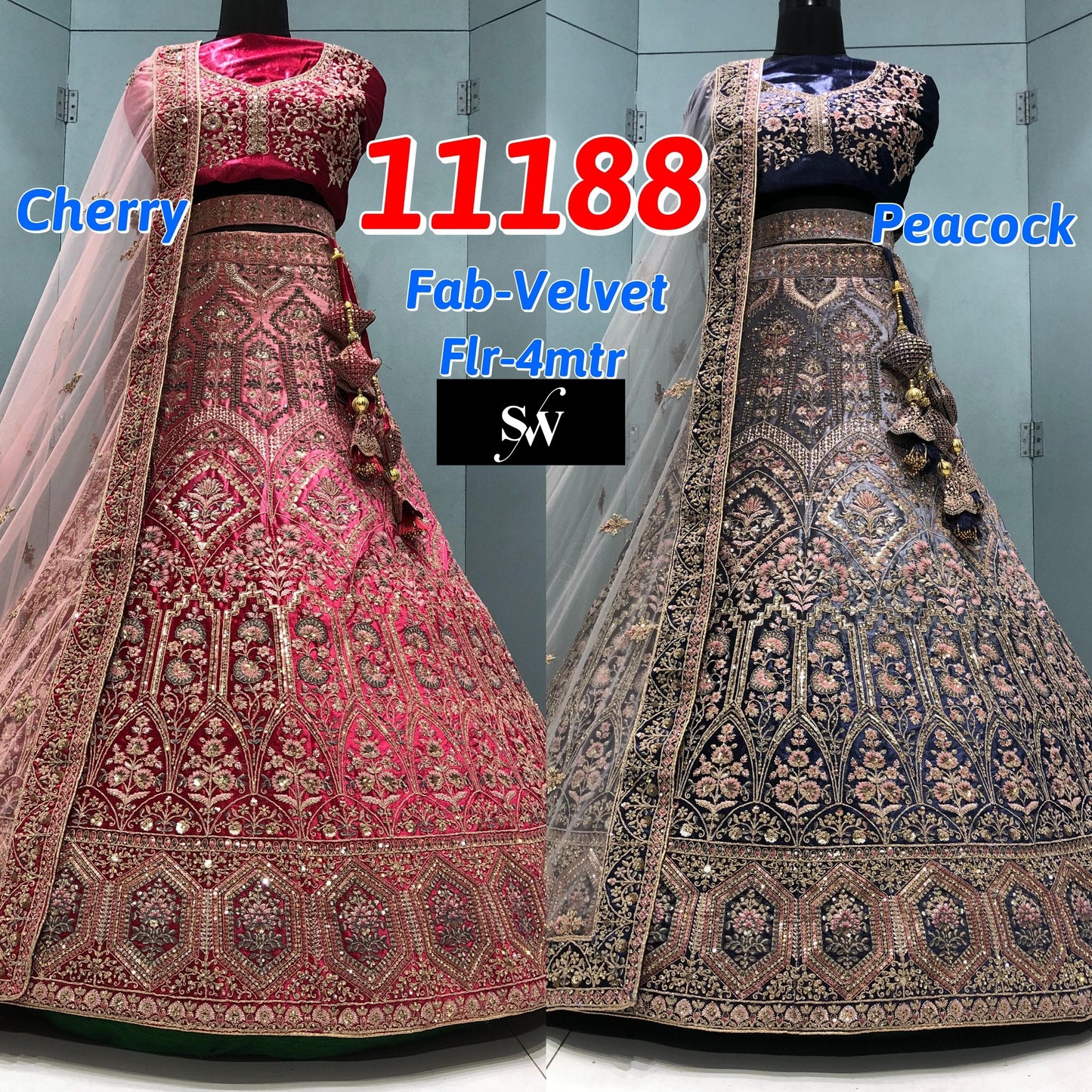Cherry Pink Blue Velvet Bridal Lehenga