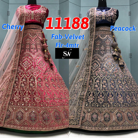 Cherry Pink Blue Velvet Bridal Lehenga