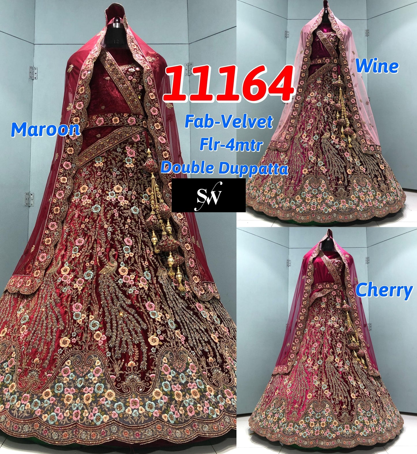 Cherry Red Maroon Wine Velvet Bridal Lehenga
