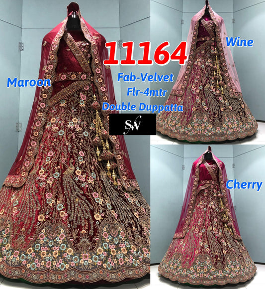 Cherry Red Maroon Wine Velvet Bridal Lehenga