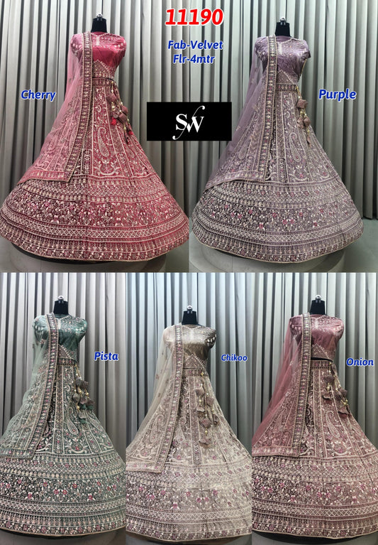 Cherry Red Purple Pista Green Chikoo golden Onion Pink Velvet Bridal Lehenga