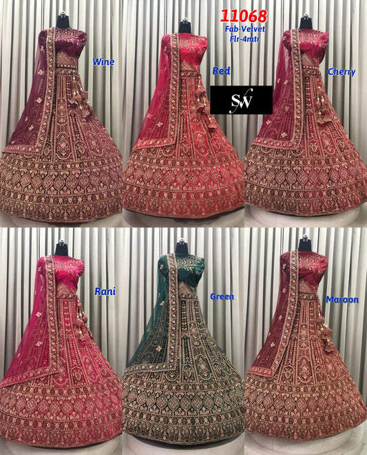 Wine Cherry Red Rani Pink Green Maroon Velvet Bridal Lehenga