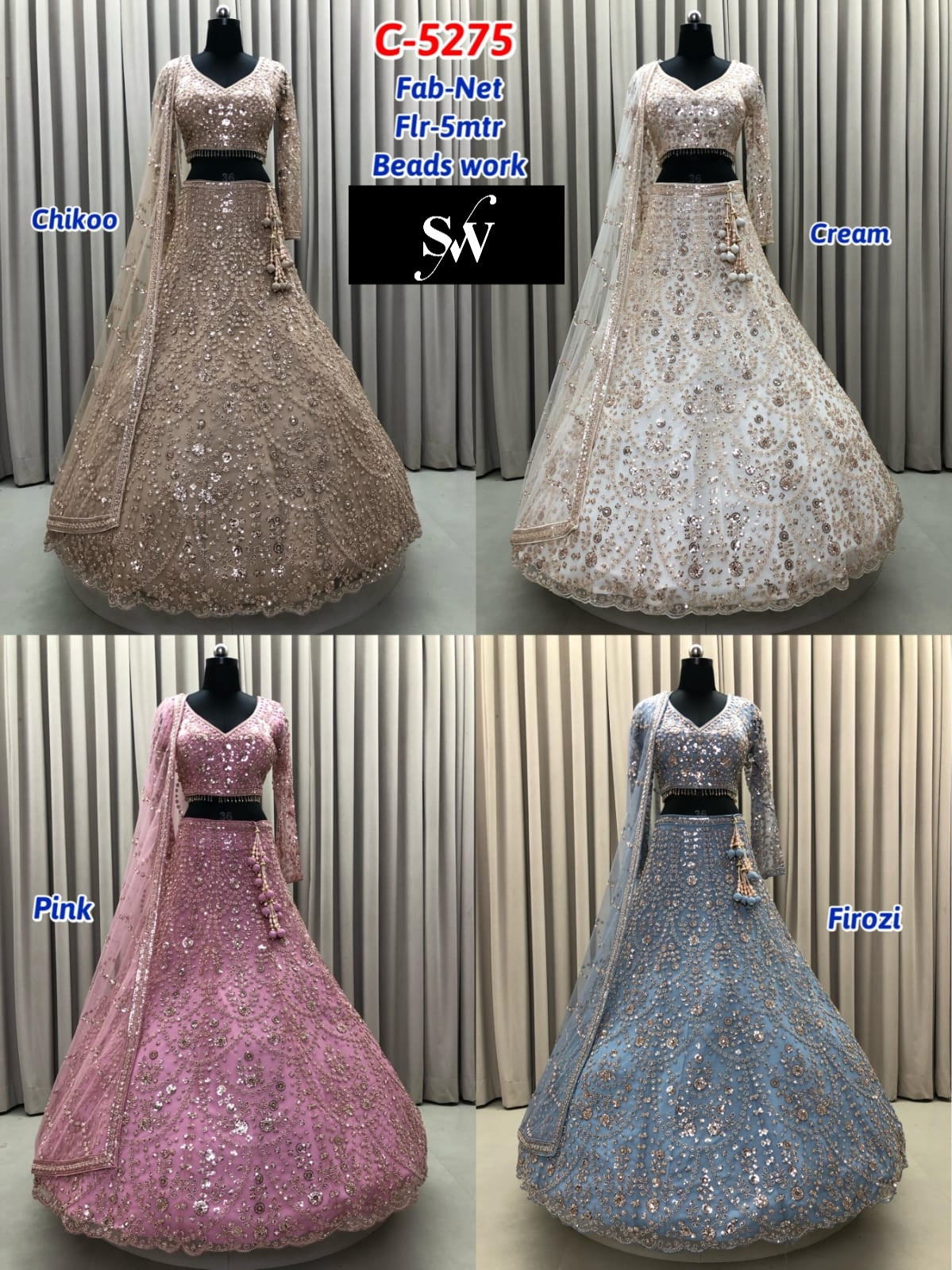 Chiku Golden Cream White Pink Firozi Blue Net Lehenga