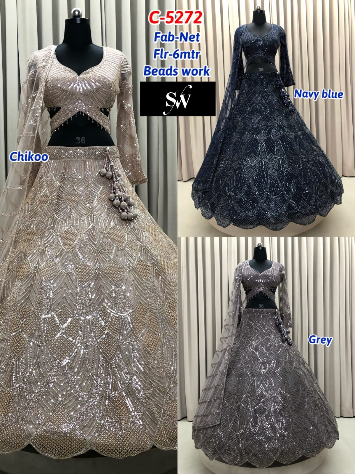 Chiku Golden Navy Blue Silver Grey Net Lehenga
