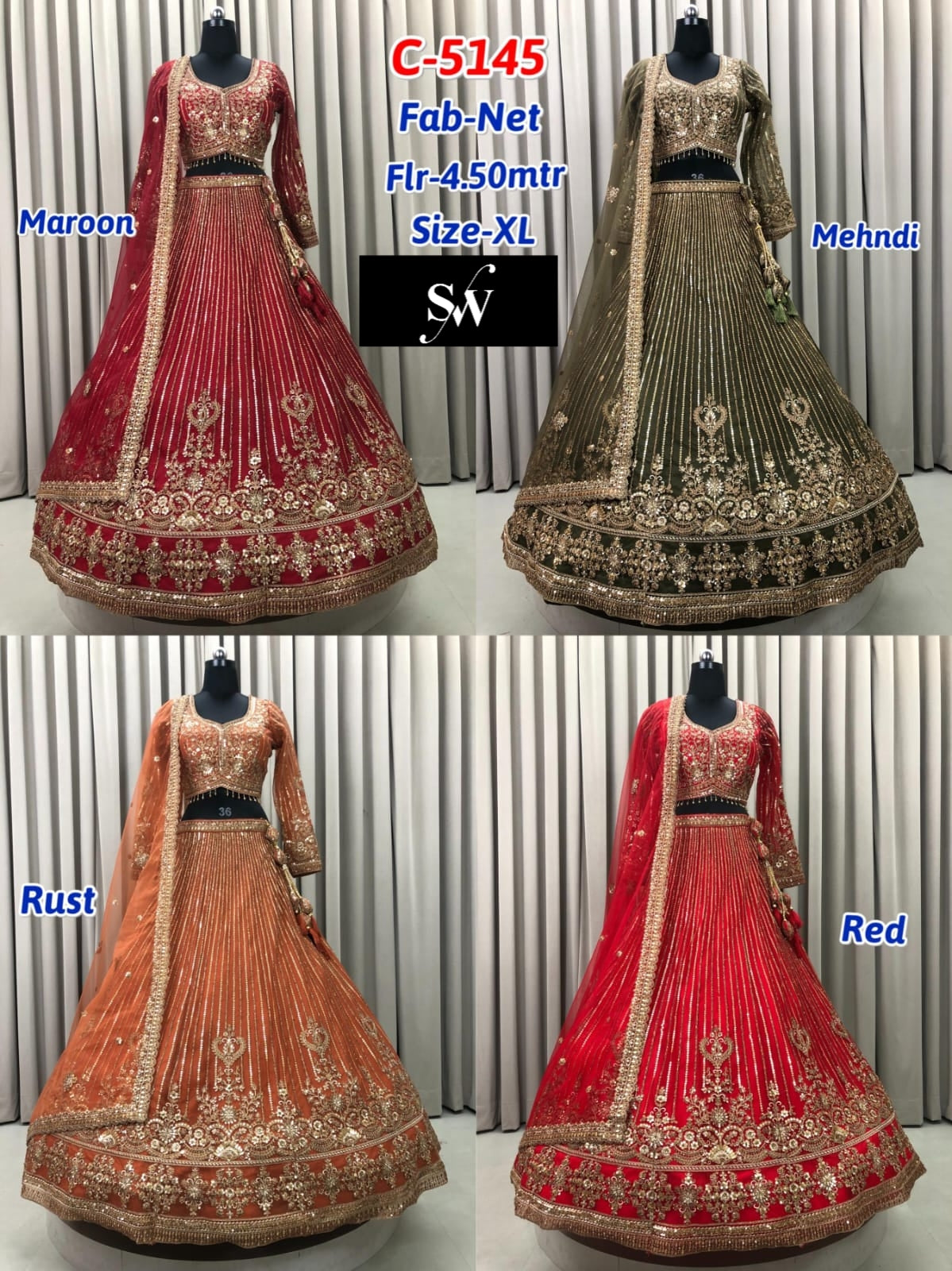 Maroon Mehendi Green Rust Orange Red Net Lehenga