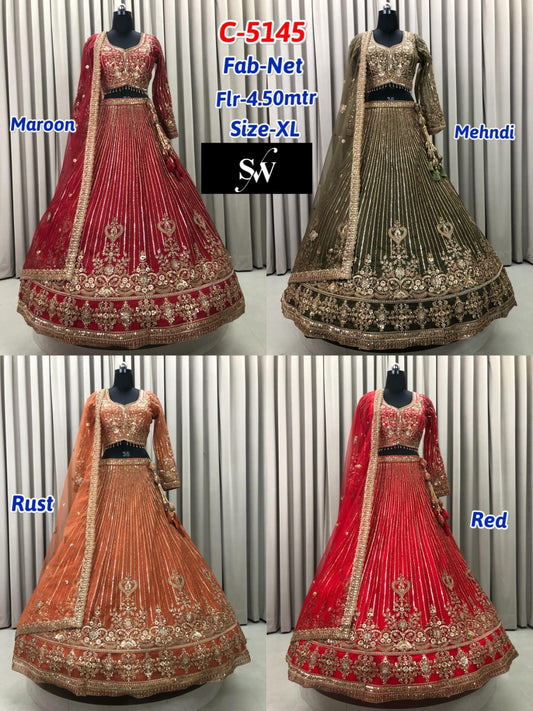 Maroon Mehendi Green Rust Orange Red Net Lehenga