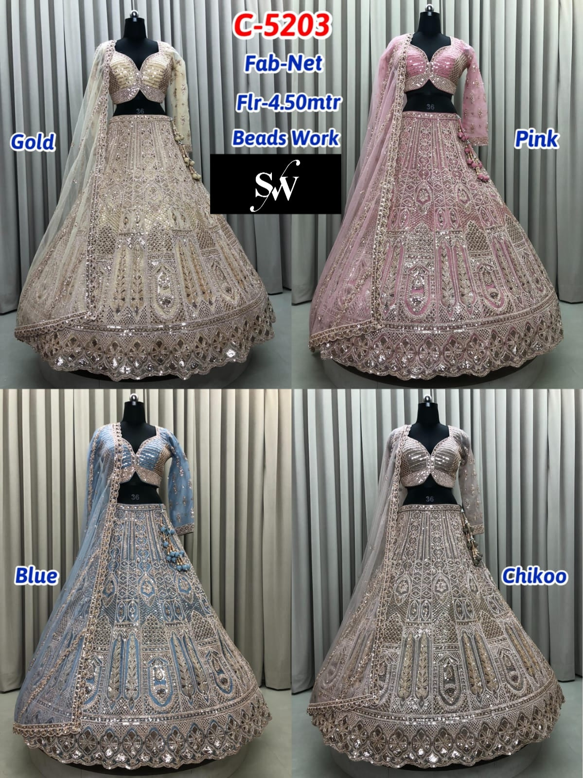 Golden Blue Pink Chiku Golden Net Lehenga