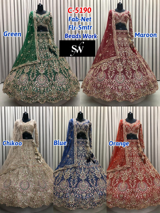 Green Maroon Chiku Golden Blue Orange Net Lehenga
